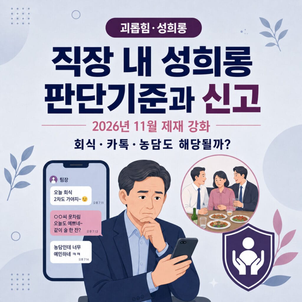 2026년 11월부터 강화되는 직장 내 성희롱 기준과 카카오톡·회식·성적 농담의 해당 여부를 설명하는 일터백과 썸네일