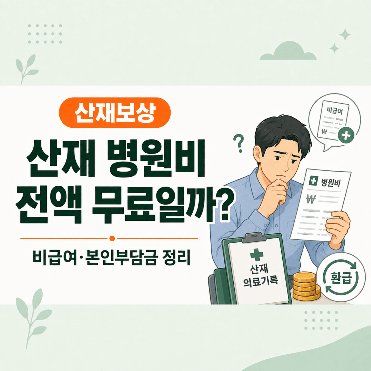 산재 치료비와 병원비의 비급여 본인부담금 및 요양비 환급 기준을 설명하는 일터백과 썸네일