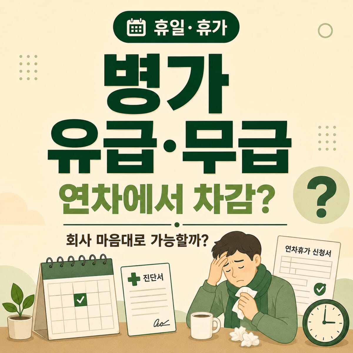 병가의 유급·무급 여부와 회사의 연차 차감 기준을 설명하는 일터백과 썸네일