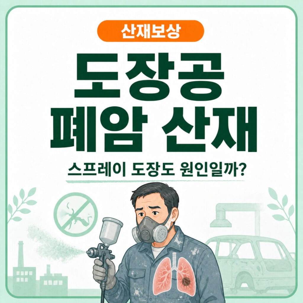 스프레이 도장작업 중 페인트 미스트와 유해물질에 노출되는 도장공의 폐암 산재 인정기준을 설명하는 일터백과 썸네일
