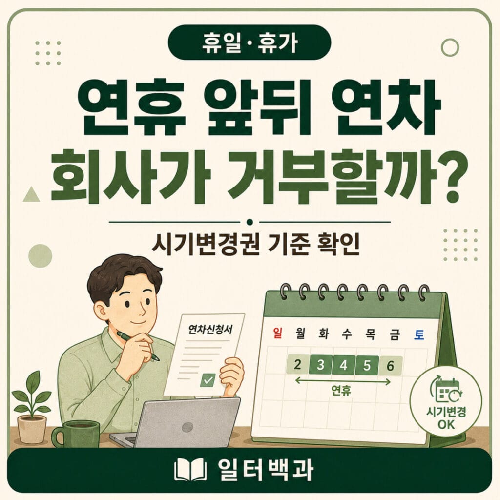 연휴 전후 연차 신청을 회사가 거부하거나 시기를 변경할 수 있는 기준을 설명하는 일터백과 썸네일