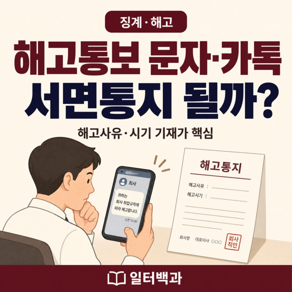 문자와 카카오톡으로 받은 해고통보의 효력과 해고 서면통지 기준을 설명하는 일터백과 썸네일