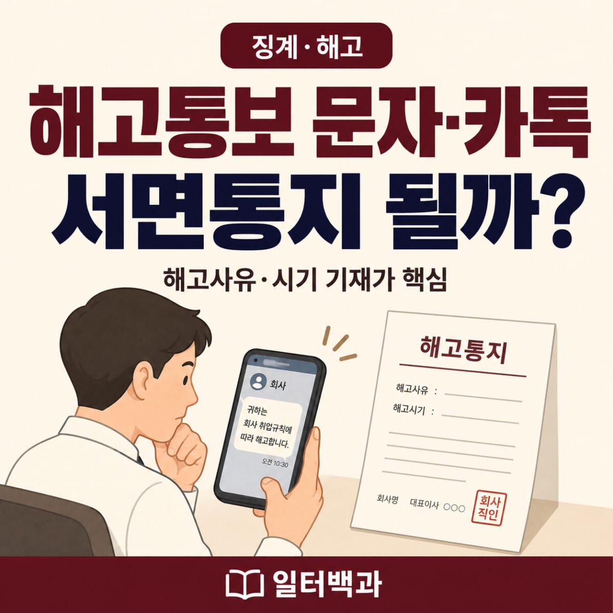 문자와 카카오톡으로 받은 해고통보의 효력과 해고 서면통지 기준을 설명하는 일터백과 썸네일