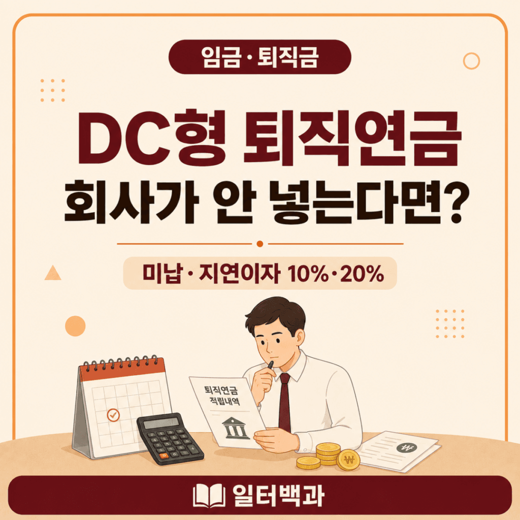 DC형 퇴직연금 부담금 미납과 연 10%·20% 지연이자 및 퇴직 후 납입기한을 설명하는 일터백과 썸네일