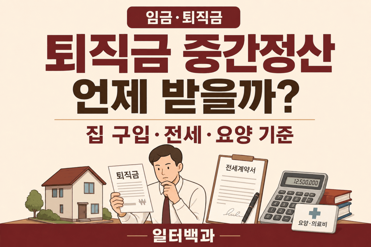 퇴직금 중간정산이 가능한 주택구입 전세보증금 장기요양 등의 법정사유를 설명하는 일터백과 썸네일