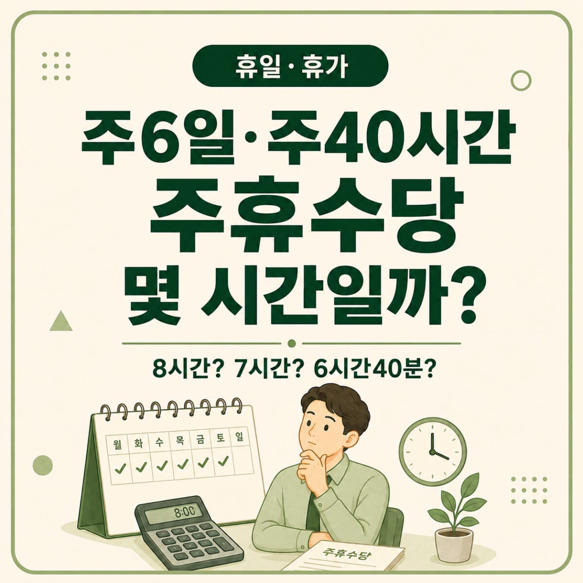 주6일 주40시간 근로자의 주휴수당 8시간 7시간 6시간40분 계산기준 비교